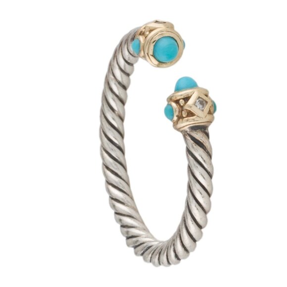 DAVID YURMAN STERLING SILVER & 14K GOLD TUQUOISE & DIAMOND RENAISSANCE RING - Picture 2 of 9